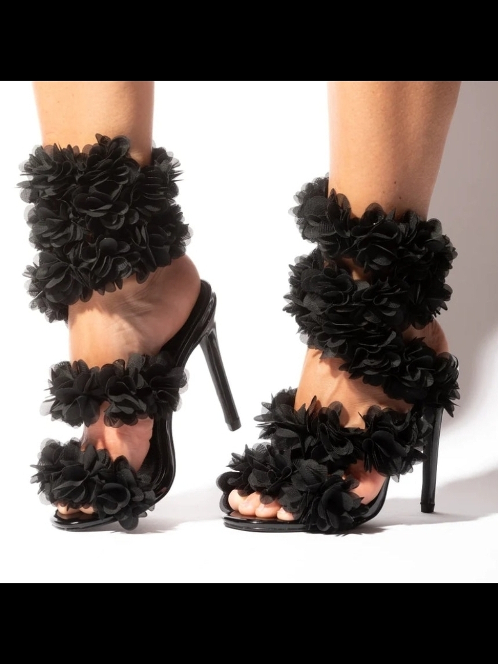 Black Floral Strap Stiletto Heels for Women